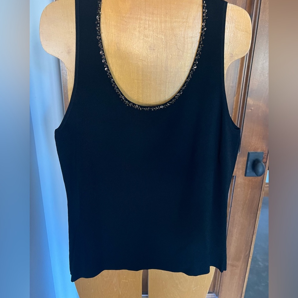 Chico’s size 2 black tank sleeveless top sequin border scoop neck